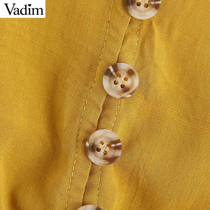 Vadim women sweet V neck yellow tops short sleeve solid elastic pleated blouse female casual cute summer shirt blusas DA548 |