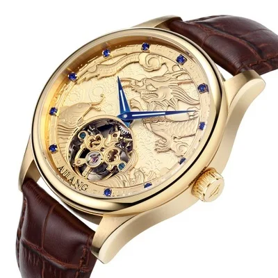 AILANG часы высокого качества Malone мемориальные часы Tourbillon механические часы ремень, мужские золотые часы - Цвет: golden dragon