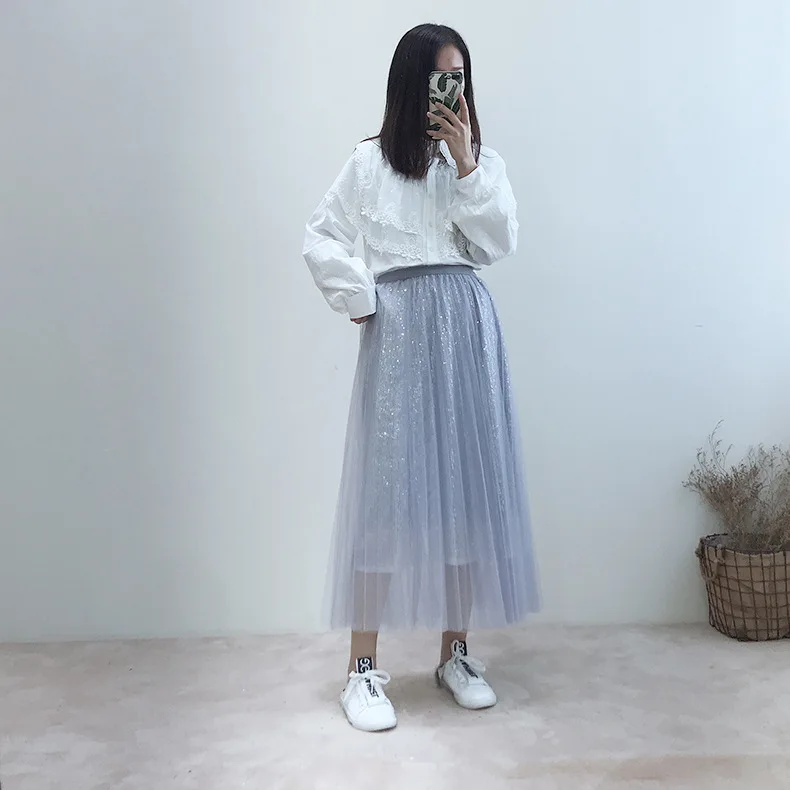 ALPHALMODA, Весенняя юбка макси, модная, расшитая блестками, газовая юбка, одноцветная, высокая талия, блестящая, с блестками, стильная, трендовая юбка