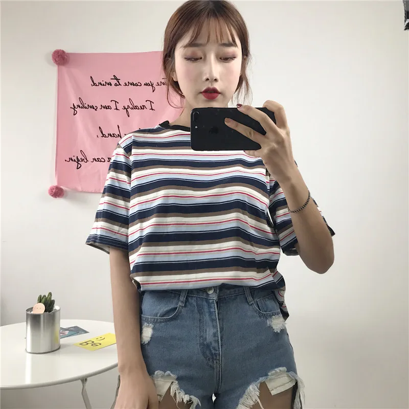 Футболка Femme 2019 Летняя женская одежда корейский стиль Ulzzang Harajuku полосатая
