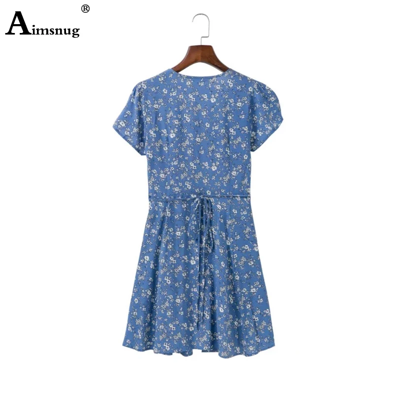 

Boho New Floral Printed Deep V-neck A-line Summer women Dress Lace-up short-sleeved Elastic waist fold holiday Female The Dress