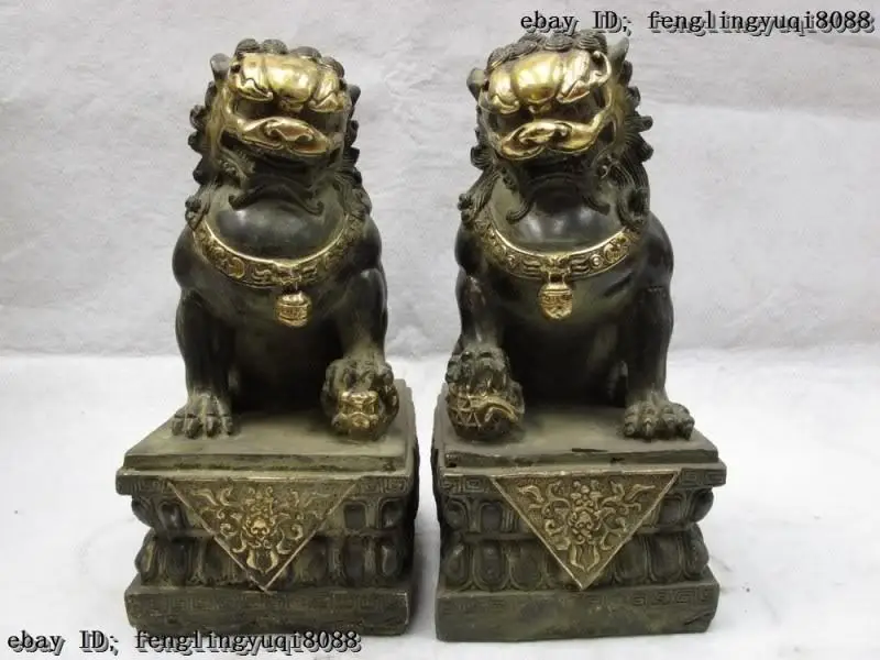 

Chinese Folk Classic Old Bronze Gilt Feng Shui Evil Fu Foo Dog Lion Statue Pair