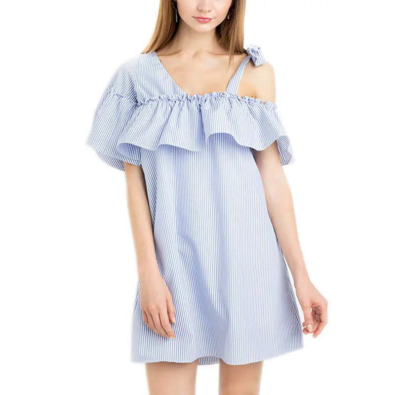 Summer ruffles women mini dress one shoulder straight short sleeve striped beach dresses vestidos WI446 | Женская одежда
