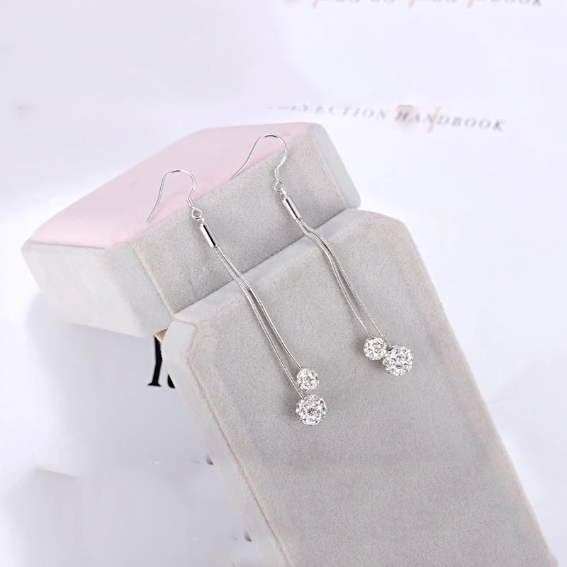 Earrings Fashion Jewelry Long Silver plated Drop Shambhala Double Full crystal Ball For Women | Украшения и аксессуары