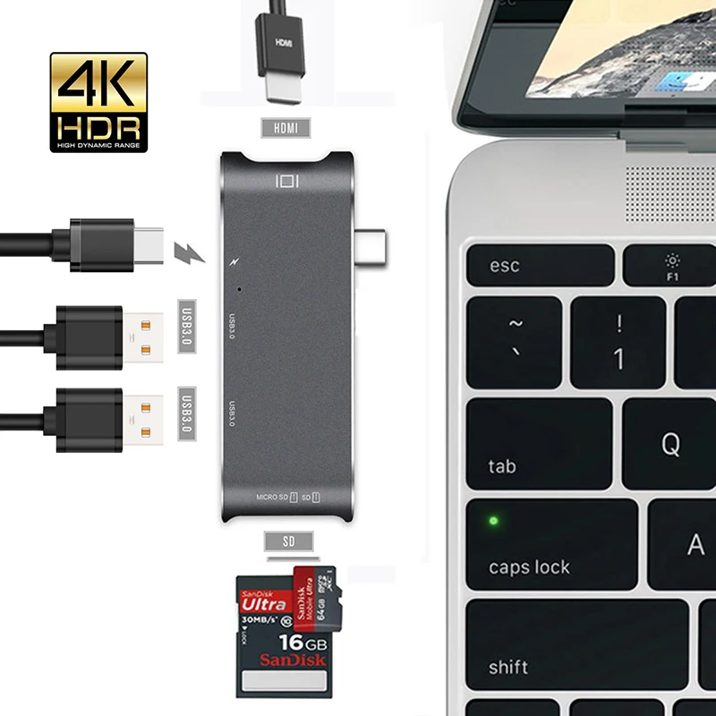 Адаптер USB Type C для 4K HDMI 6 в 1 адаптер с несколькими портами 3 0 зарядки устройство
