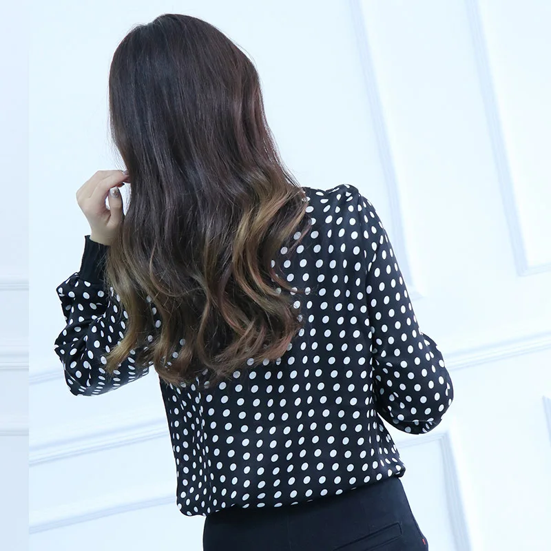 New Fashion 2018 Spring Summer Women Blouse Tie Collar Long Sleeve Polka Dot Printed Chiffon Shirt Tops B59 |