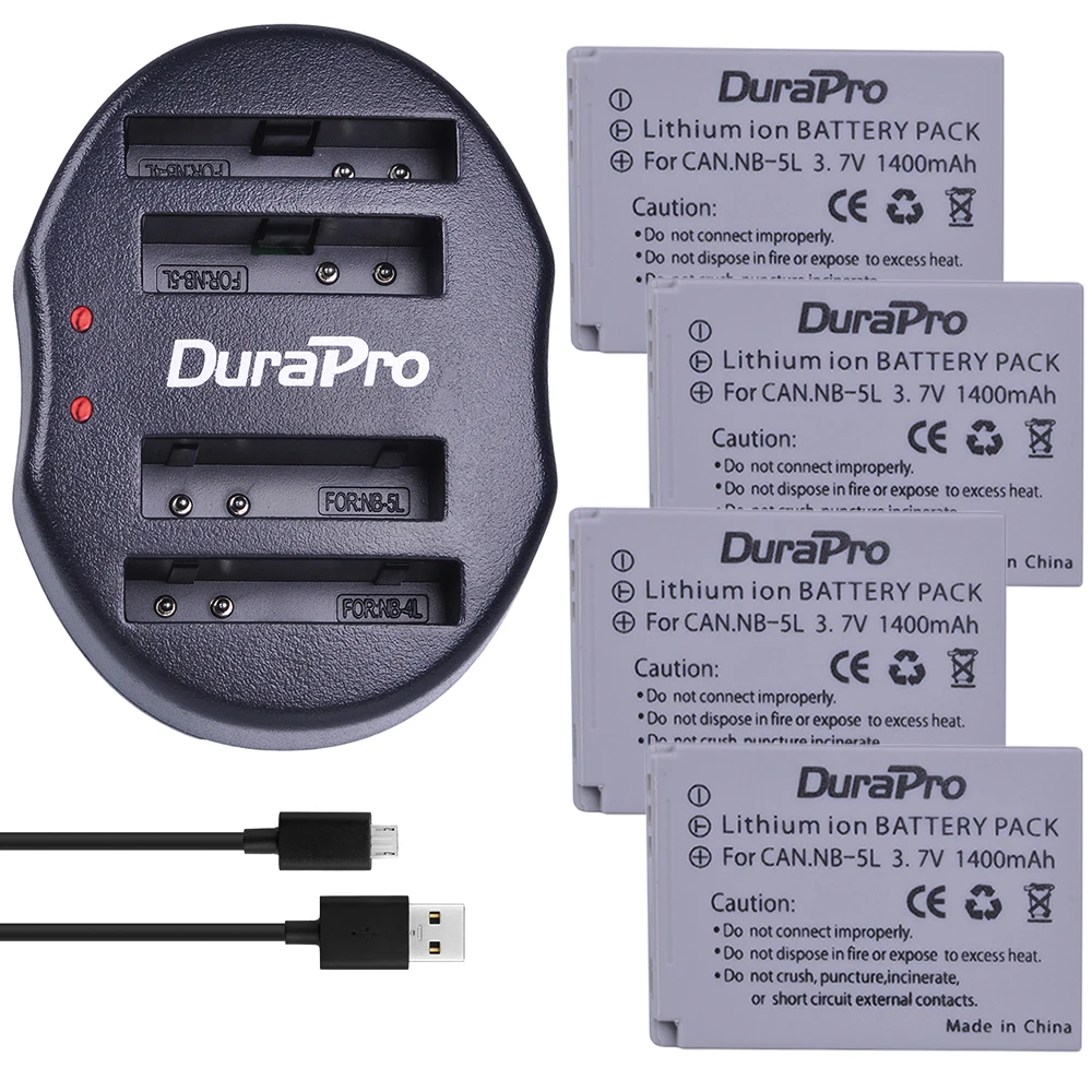 

4pcs DuraPro NB-5L NB 5L 5L Rechargeable Camera Li-ion Battery + USB Dual Charger For Canon 900 Ti SD790 IS SD950 SD900 SD990 Z1