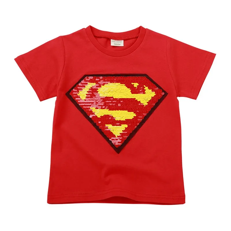 Superman D red YOFEEL/Летняя детская футболка для мальчиков; двухсторонние футболки для маленьких девочек с рисунком супергероя и пайетками; детская футболка с единорогом; одежда из хлопка; футболки - Цвет: Superman D red