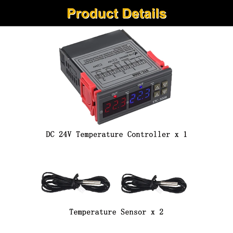 DC 24V STC-3008 двойной цифровой регулятор температуры два реле выход инкубатор термостат домашний холодильник холодный тепло - Цвет: DC 24V
