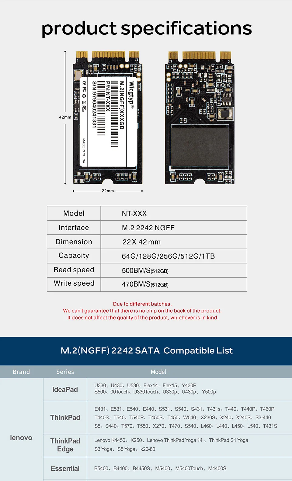 M.2 SSD 2242 128 ГБ 256 512 1 ТБ HDD 2242 мм NGFF SSD M2 Сата жесткий диск SATA III 6 ГБ/сек. Внутренний твердотельный накопитель для ноутбука