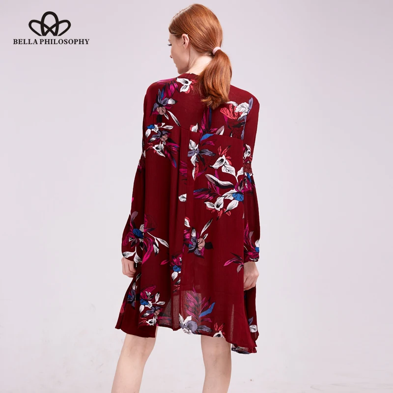 Bella Philosophy 2019 spring summer casual long-sleeved V-neck floral print yellow blue women mini dress | Женская одежда