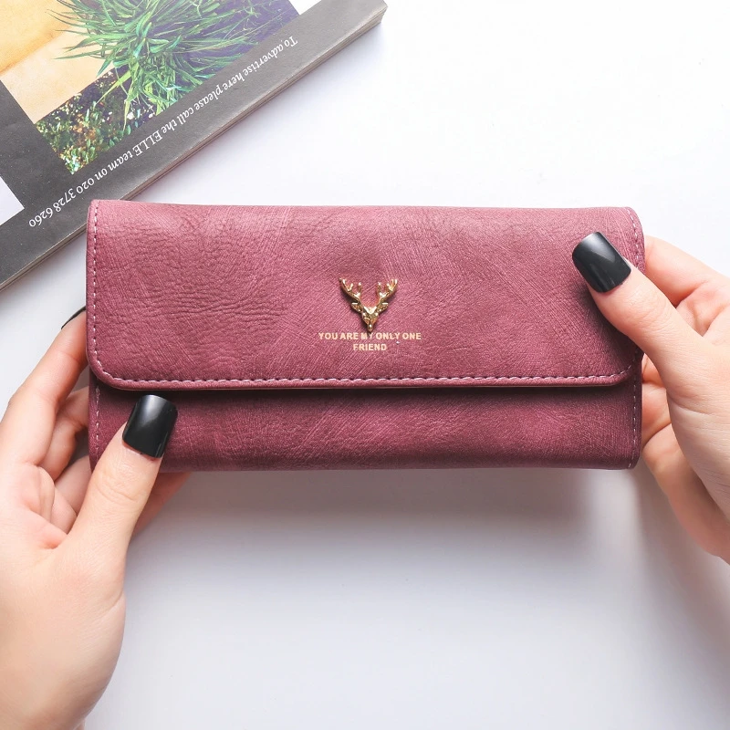 Women's Wallet Korean Version Stylish Frosted Clutch Bag Long Deer Head Zipper Buckle Wallet - Цвет: Purple