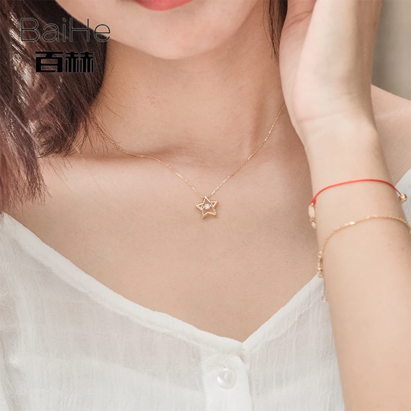 BAIHE Solid 18K Yellow Gold 0.08ct H/SI Natural Dancing Diamond Women Trendy Fine Jewelry Gift beautiful Star Necklaces | Украшения и