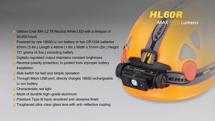 Fenix HL60R Cree XM-L2 U2 Neutral White LED 950 lumens headlamp(Powered by one 18650 or two CR123A batteries) | Лампы и освещение