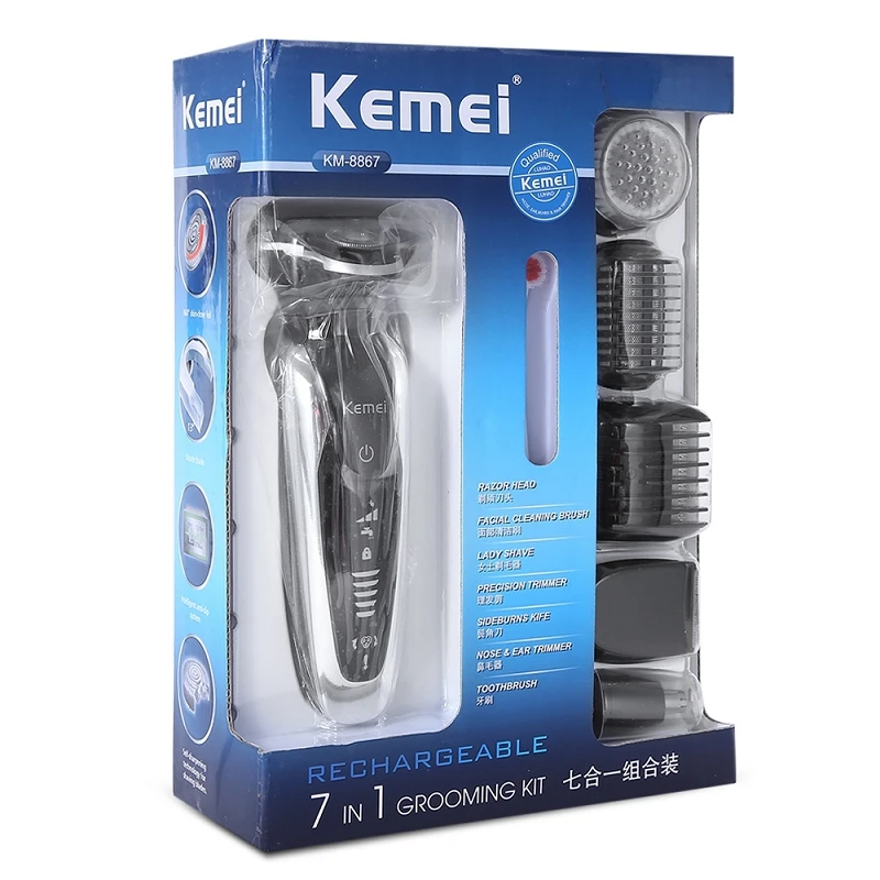 Kemei KM-8867 7 в 1 Мужской 3D многофункциональный триммер для бороды перезаряжаемая Бритва для мужчин станок для бритья зубная щетка электробритва