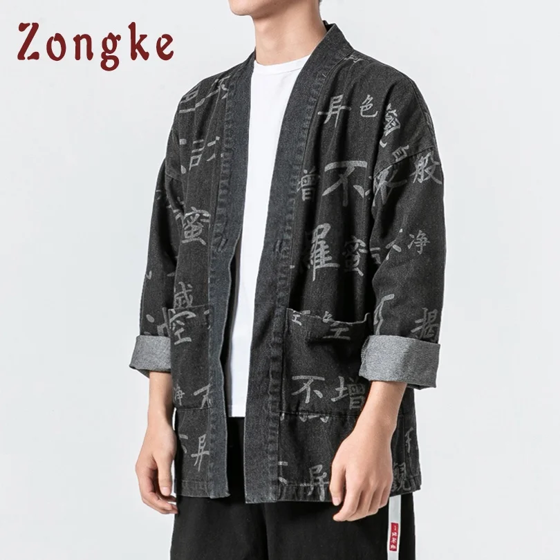 Кимоно Zongke мужское джинсовое китайский буддийский кардиган с принтом Писаний