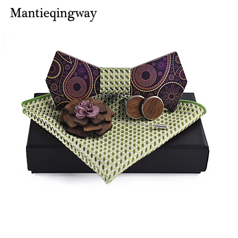 Mantieqingway деревянная бабочка+ носовой платок+ брошь+ Запонки Наборы для мужского костюма деревянный галстук-бабочка галстук банты свадебные галстуки