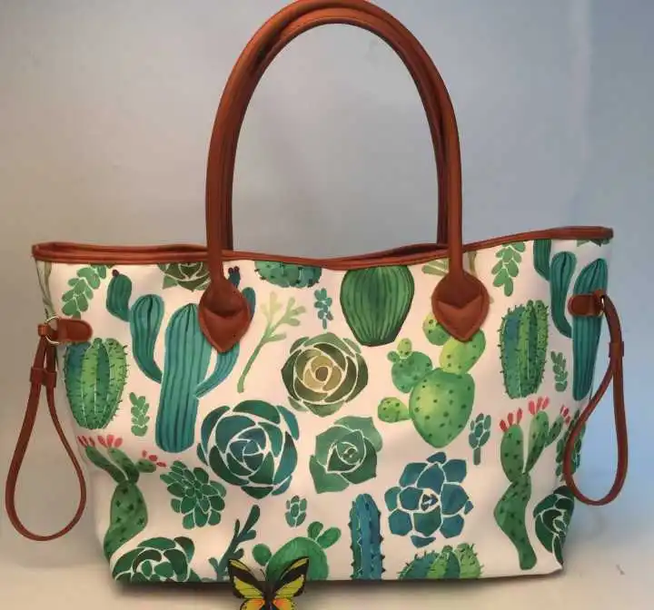 Summer Cactus Styles Canvas Tote With Green Flora Red and Purple Colored Catus Designs Women Handbag with Pu handle DOM109842 | Багаж и