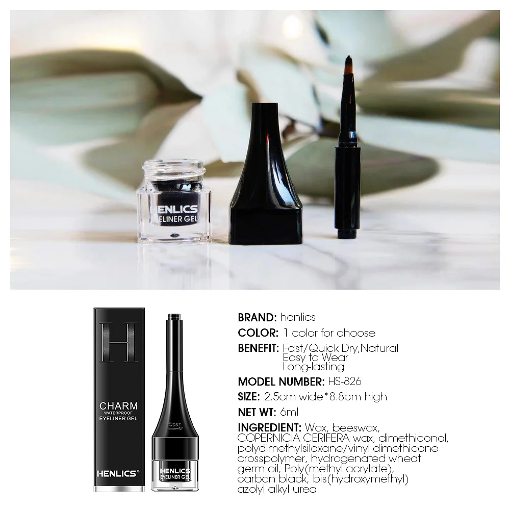 

France HENLICS Eyes Makeup Eyeliner Gel Black Eye Liner Cream with Make Up Brush Tool 24 Hours Long Lasting Waterproof Eyeliner