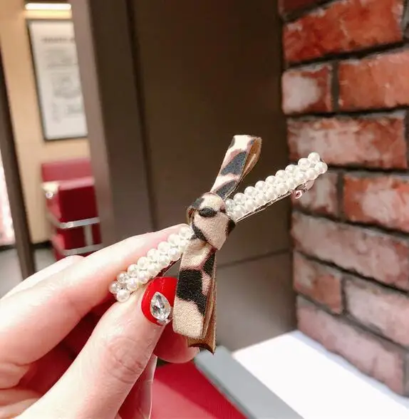 Korea Fashion Imitiation Pearl Crystal Hair Clips Leopard Bowknot Hairpins Accessories for Women Barrettes | Украшения и