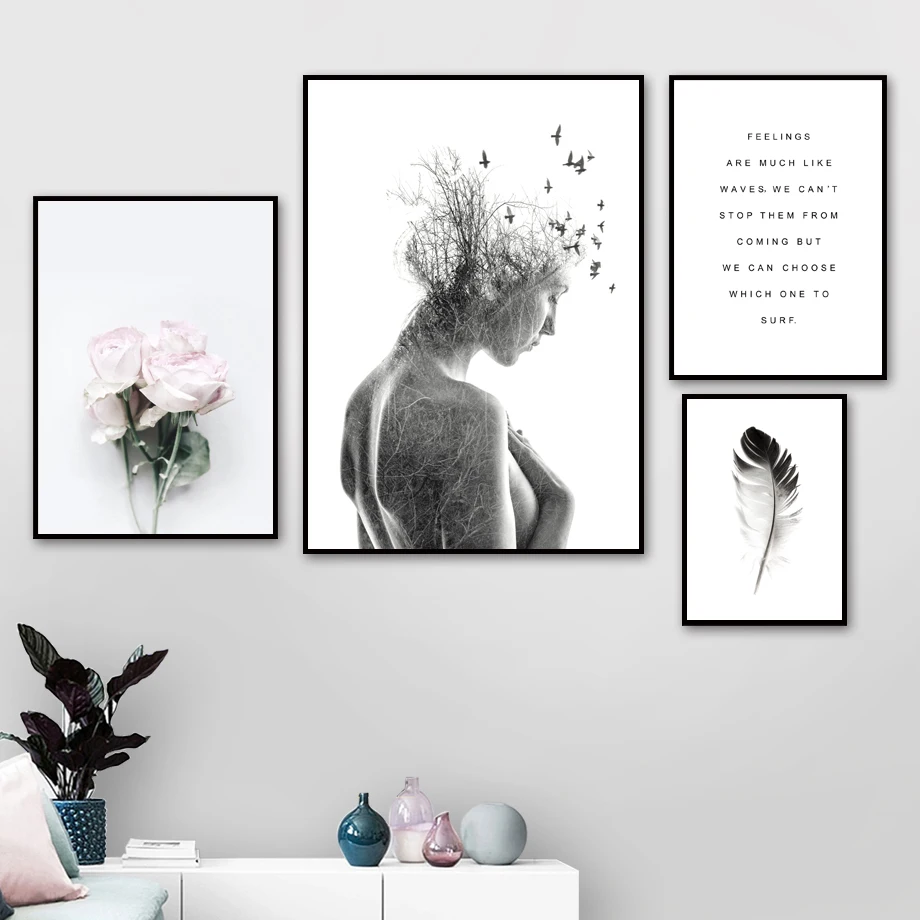 Девушка Птица Цветок перо пейзаж цитаты стены искусства холст живопись плакаты