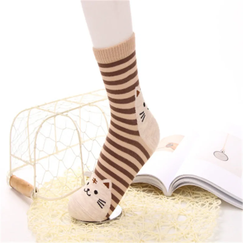 Coffee Модные носки с героями мультфильмов для женщин; принт с котом; 3D рисунок с животными; стильные полосатые теплые хлопковые носки; женские носки-тапочки; meias - Цвет: Coffee