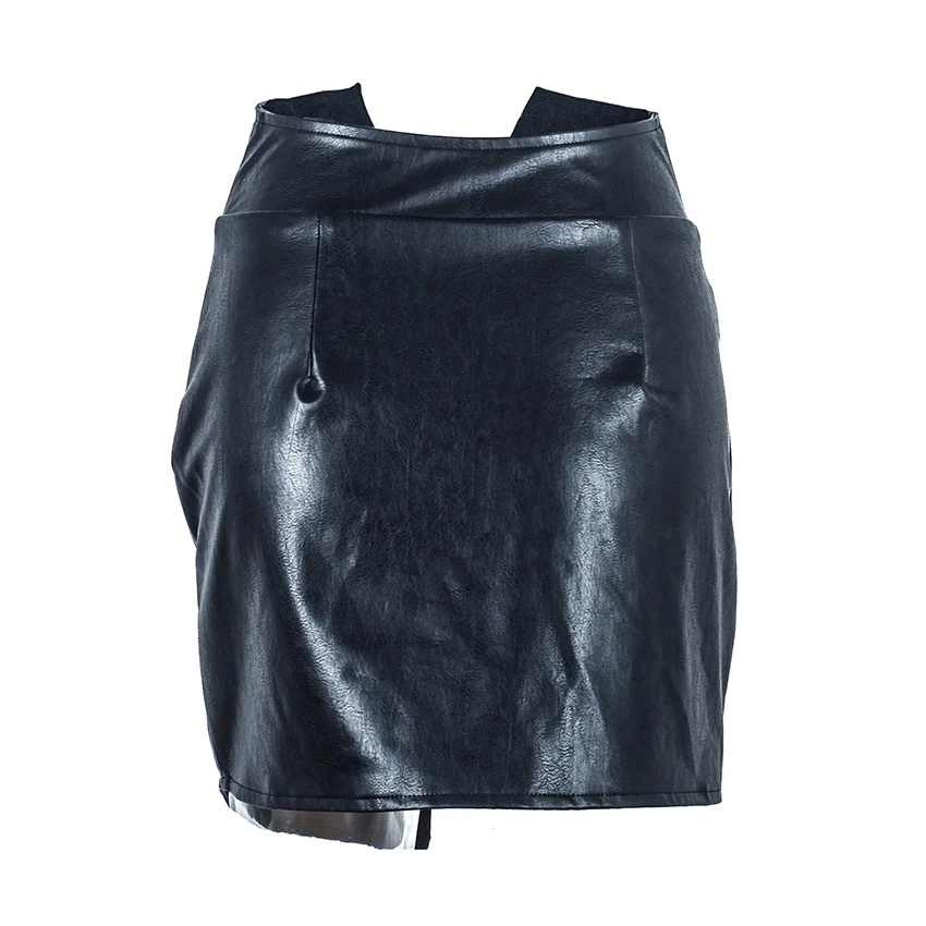 OOTN Асимметричная юбка из искусственной кожи с высокой талией, сексуальные короткие юбки, необычные мини обтягивающие повседневные зимние женские черные юбки на пуговицах