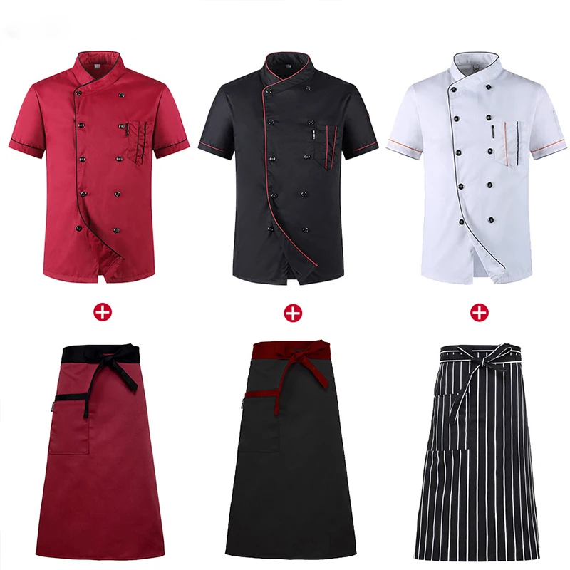 

Unisex Restaurant Kitchen Chef Uniform Shirt Breathable Double Breasted Chef Jacket+cap+apron works clothes for men Wholesale