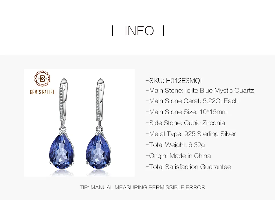 GEM'S балет 10.44Ct натуральный иолит синий мистический кварцевый камень 925 Висячие серьги из серебра 925 пробы ювелирные украшения для женщин