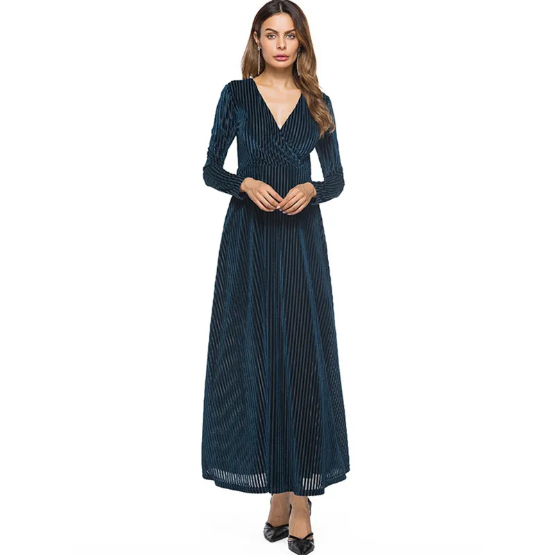 2018 женское бархатное платье теплое в полоску с длинным рукавом вельветовое