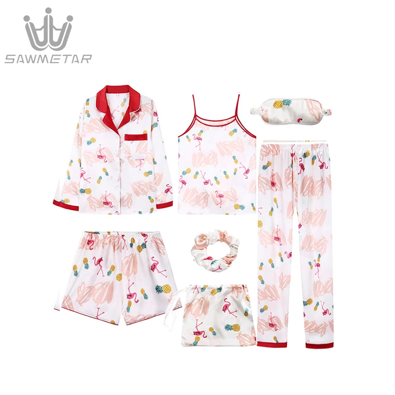 Women Pajamas Sets Silk Pijama 7 Pieces Sets Pyjamas Women Long Sleeve Striped Sleepwear Spring Summer Autumn Homewear