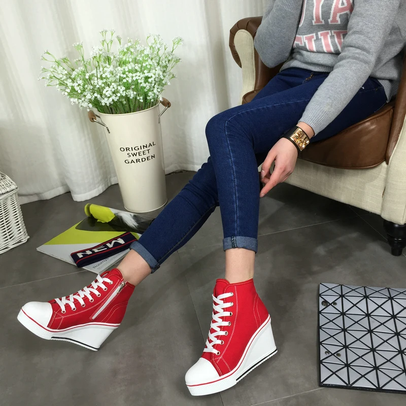 

Free Shipping 2017 Badge Wedges High Lacing Casual Elevator Shoes Female Canvas Shoes High Top Wedge Boots Women Casual Shoes