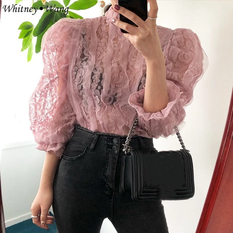 WHITNEY WANG 2019 весенне-осенняя модная уличная кружевная блузка с оборками женские