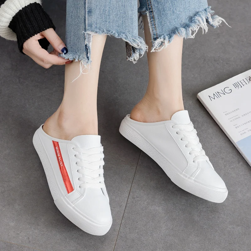 Women Casual Shoes 2018 Summer Hot sale Leather Woman Flats Fashion Sweet White Half slipper Breathable Sneakers |