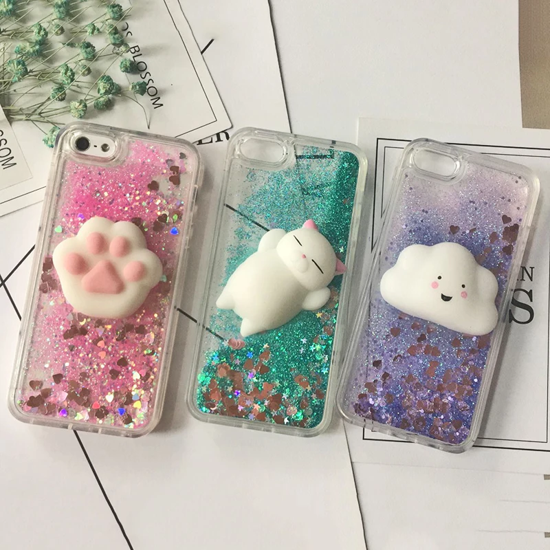 

3D Squishy Cat Case For iPhone 5S SE 7 7 Plus Case Liquid Quicksand Glitter Silicone Case For iPhone 8 Plus Xs Xr 6s Cover Coque