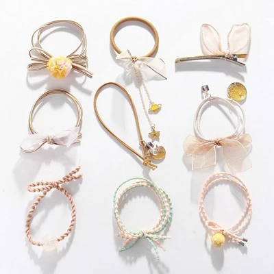 Style 3 Yellow 9Pcs Стиль наряды на возраст от 5 до 9 шт./компл. с бантом из ленты для волос веревки резинкой с милыми меховыми галстук-бабочка, звезда на голову эластичная повязка для головы с нахлестом Для женщин нарисованной длинноволосой девочкой, аксессуары - Цвет: Style 3 Yellow 9Pcs