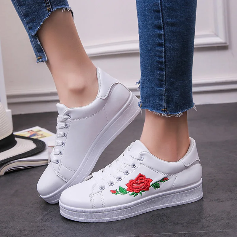 Women Sneakers Pu Leather Embroidery Flat Platform Lace Up Shoes Woman Casual White espadrilles 6739 | Обувь