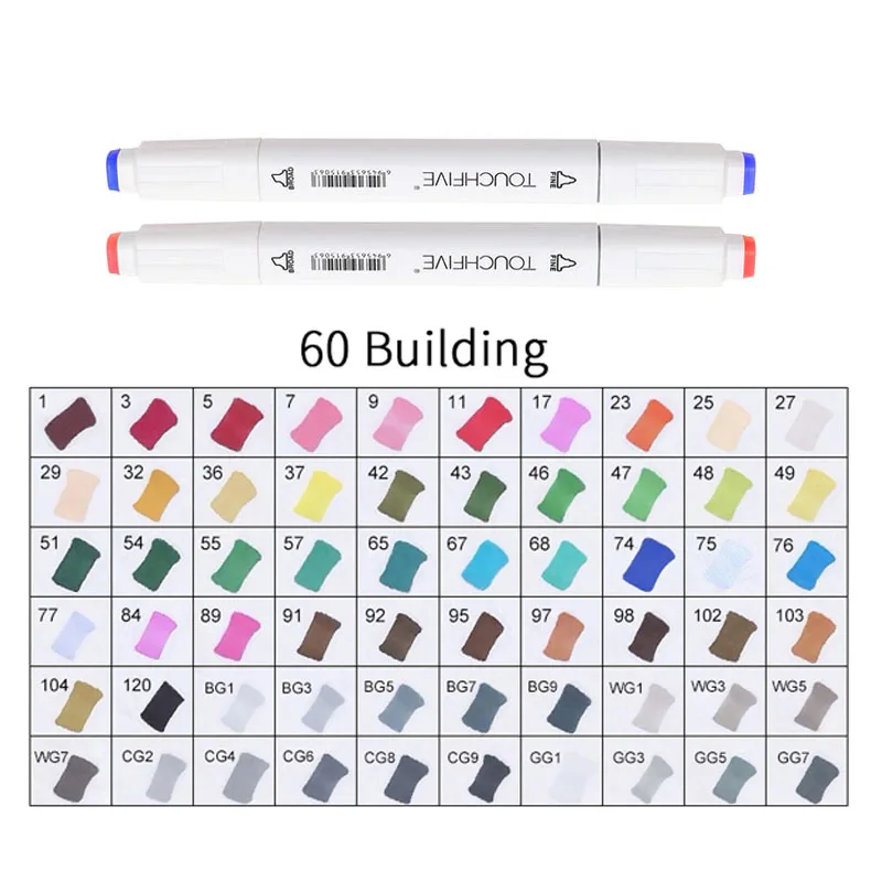 60-building-white TOUCHFIVE 60 цветов Ручка Маркер Набор двойная головка эскиз маркеры дешевые спиртовой фломастер для рисования манга анимационный дизайн художественные принадлежности - Цвет: 60-building-white