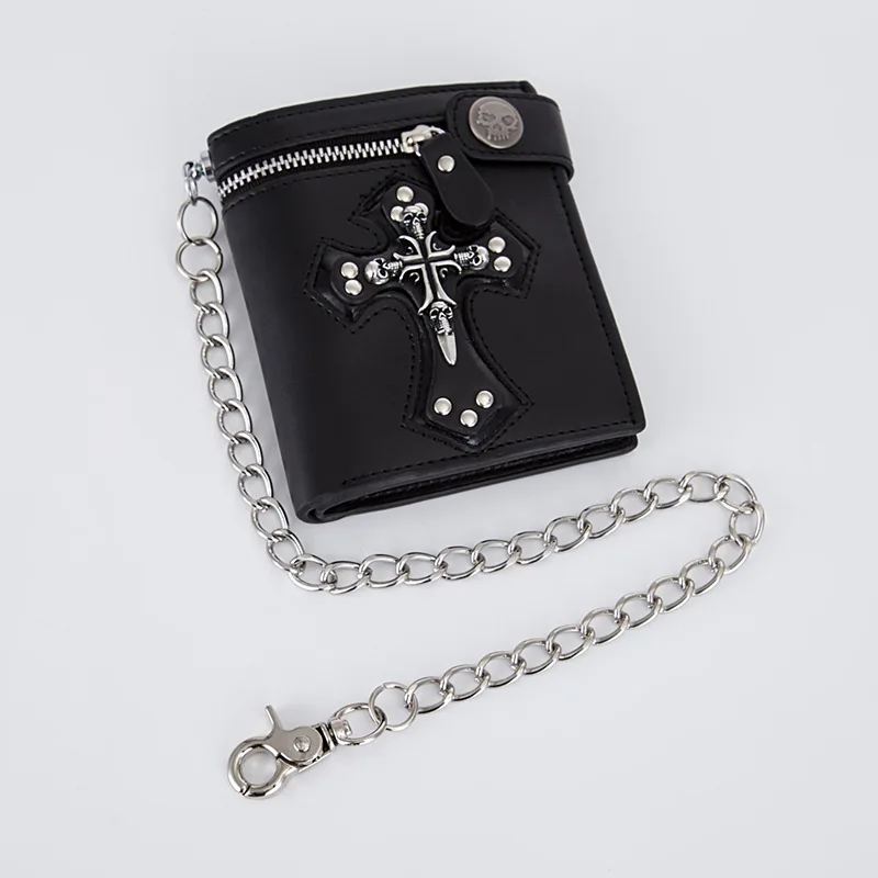 Black with Chain Новинка, Ретро стиль, мужской кошелек с черепом, клатч, сумка на цепочке, с заклепками, кошельки для карт, Ретро стиль, рокер, многофункциональный мини кошелек - Цвет: Black with Chain