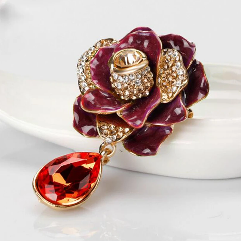 

Luxury Crystal Enamel Flower Brooch Pins Fashion Women Party Banquet Costume Decoration Bride Wedding Jewelry Brooches XZ364