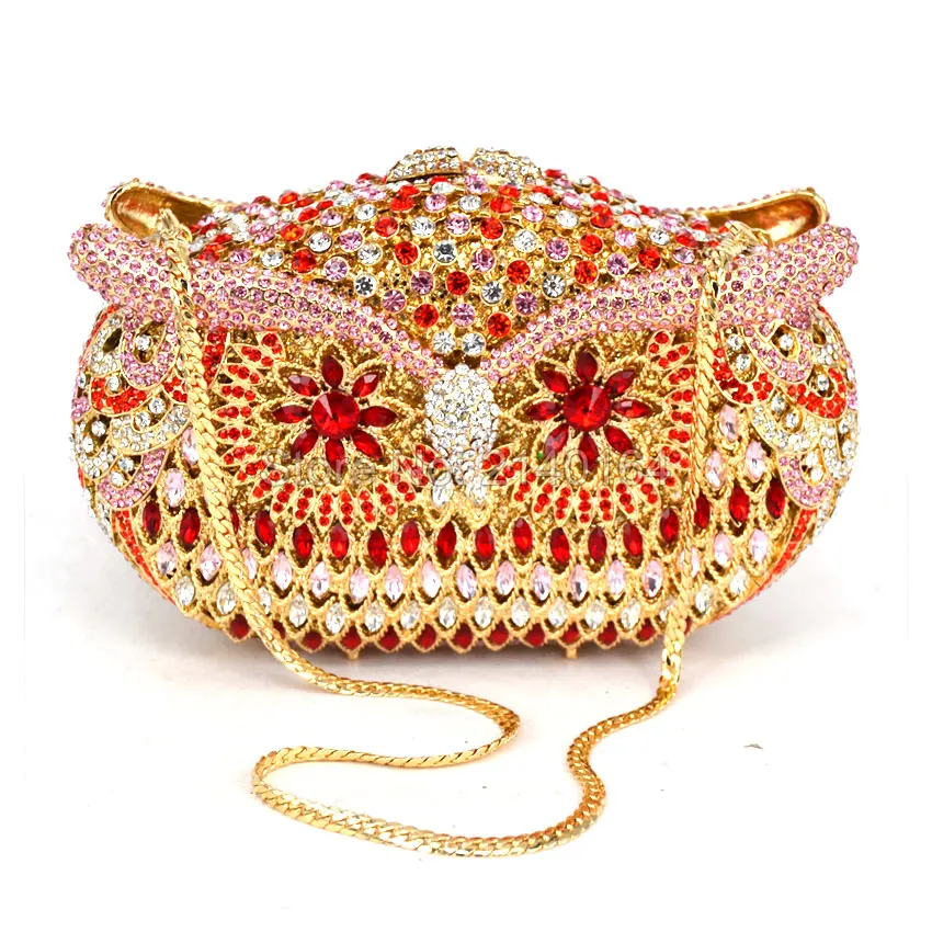 Роскошная дамская сумочка с совами вечерний клатч на плечо золотистыми стразами
