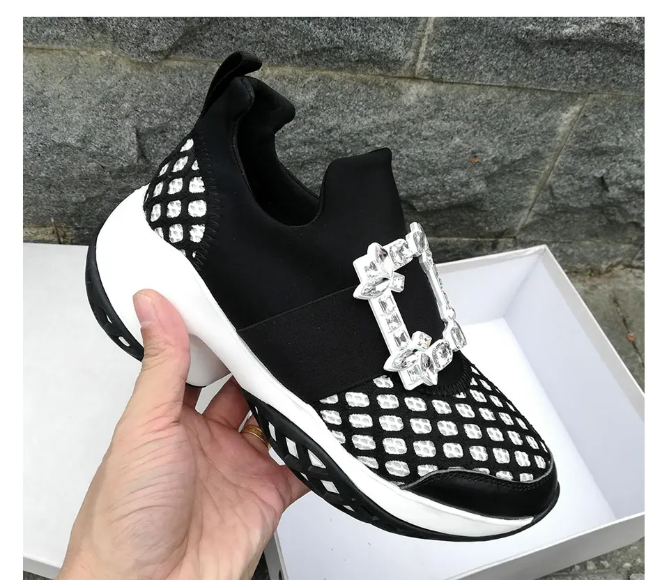 Hot Crystal Square Buckle Mesh Sneakers Women Genuine Leather Platform Thick bottom Flat Breathe Shoes Casual Shoes For Women