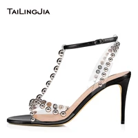latest open toe high heel clear sandals with studs t strap heeled pvc transparent shoes ladies summer party heels plus size 2022