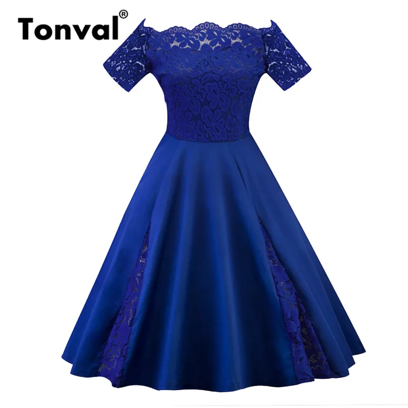 Tonval 4XL 5XL размера плюс контрастное кружевное винтажное платье женские вечерние платья с открытыми плечами роковой Элегантный Большой размер сексуальные платья