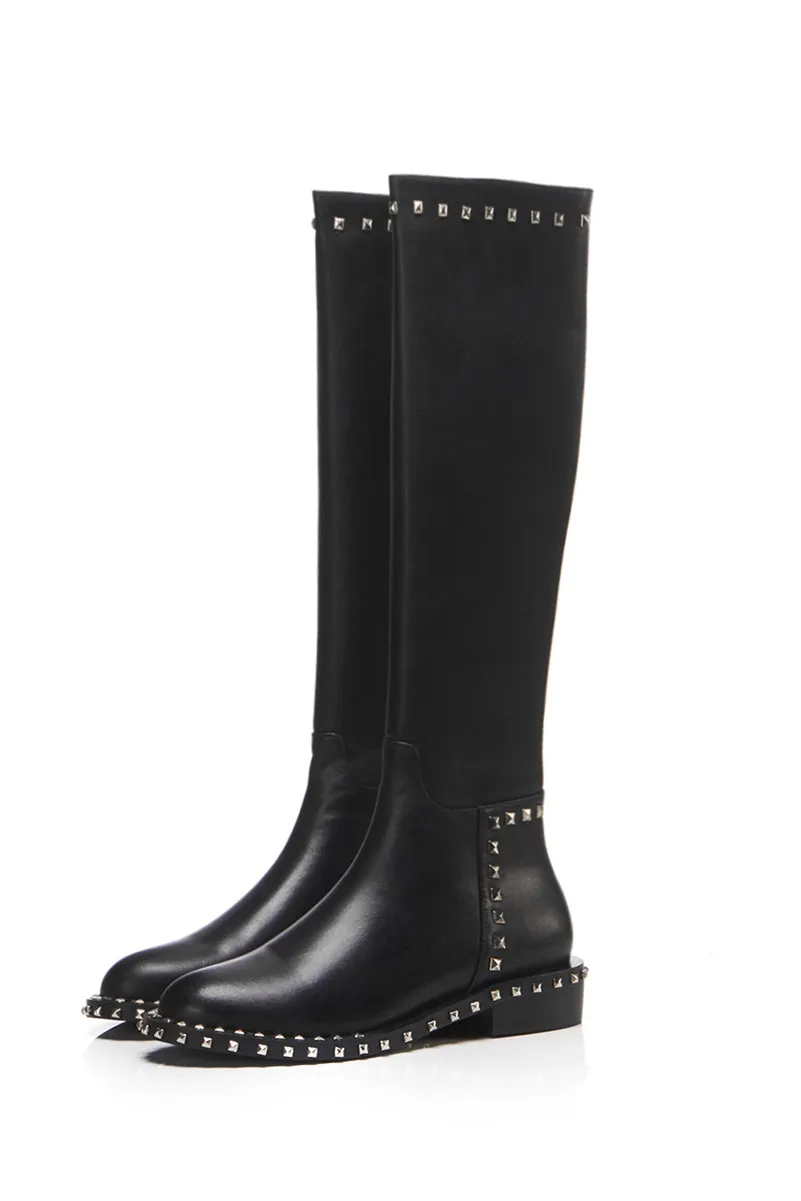black high boots Mcacchi/ботинки в стиле панк с закругленным носком и заклепками; женские сапоги до колена; сезон осень-зима; Теплая обувь из натуральной кожи на высоком каблуке; женская обувь; botas mujer - Цвет: black high boots