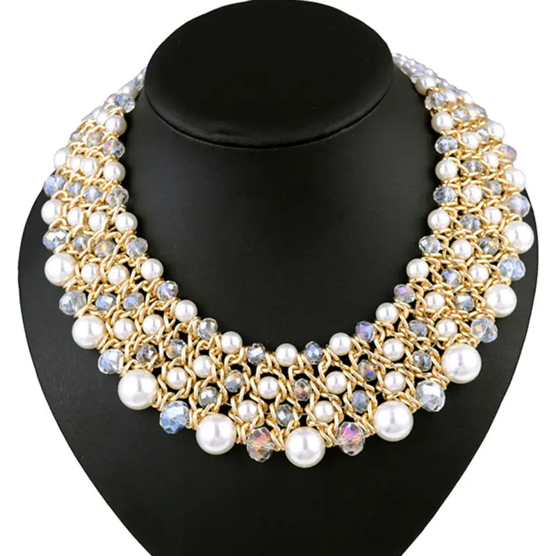 Колье чокер с разноцветными жемчужинами и кристаллами массивное ожерелье