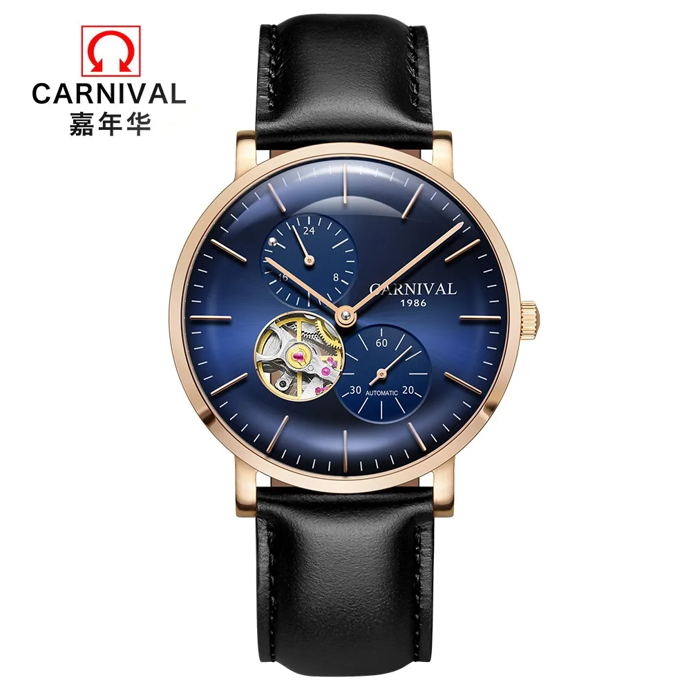 Модные автоматические часы Tourbillon мужские деловые с кожаным ремешком