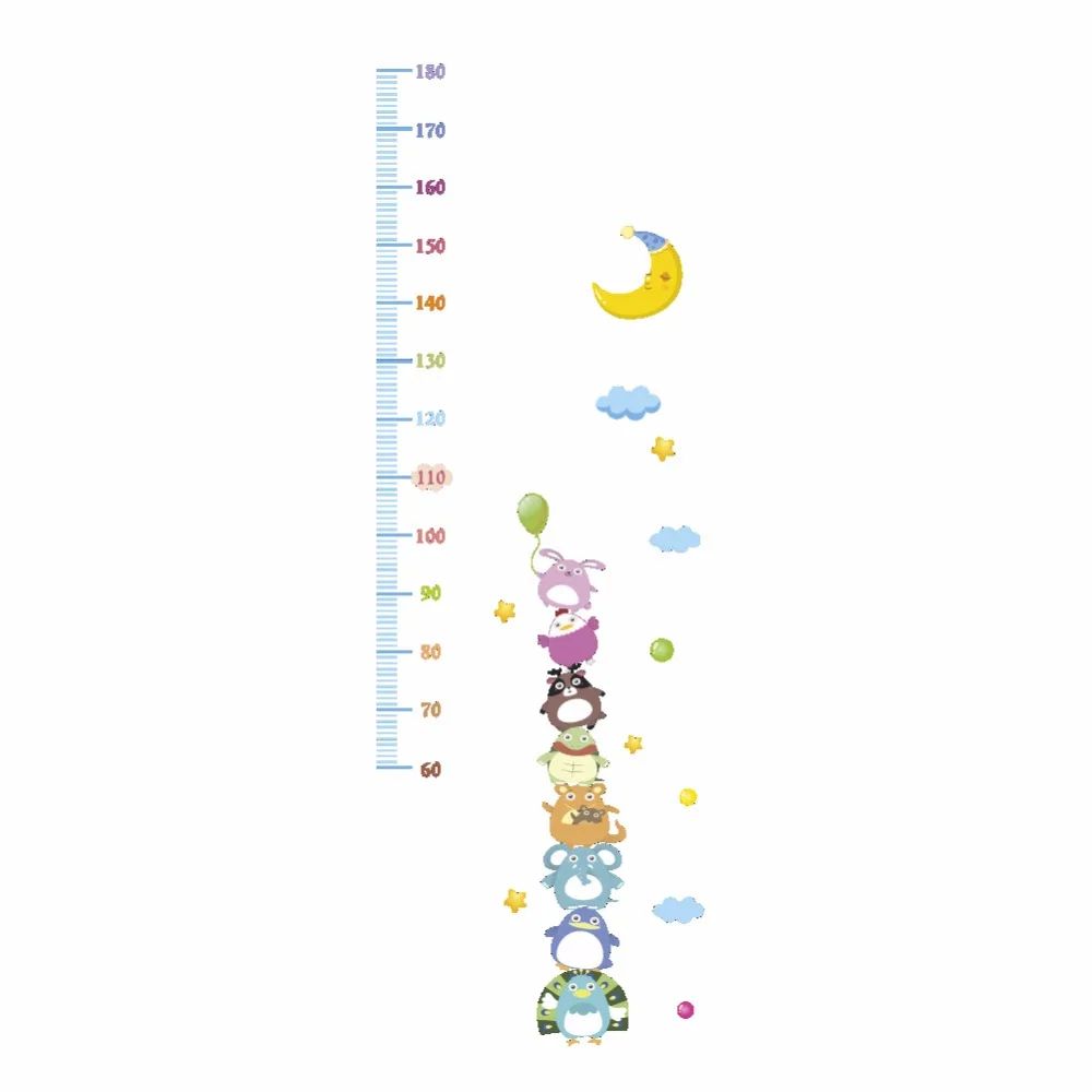 Мультфильм животных Луна ребенка Рост Мера линейка роста Наклейка на стену