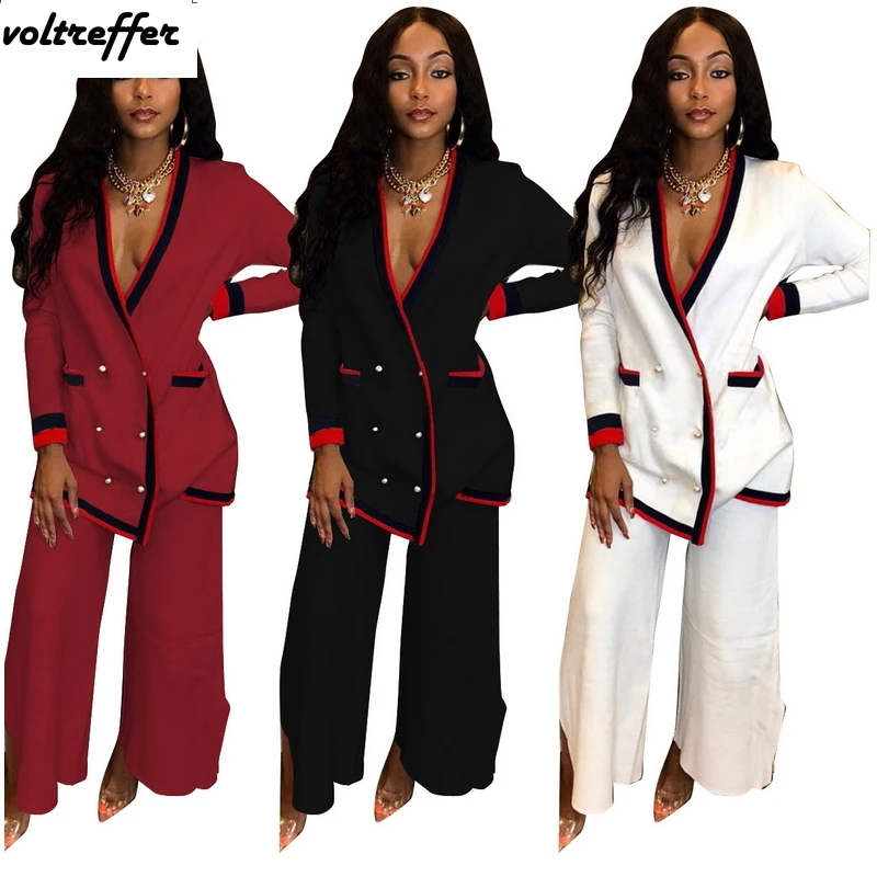 2019 New Striped Two Piece Set Loose Cardigan Button Pockets Wide Leg Palazzo Pants Sweat Suit Oversized Casual Outfits Matching | Женская