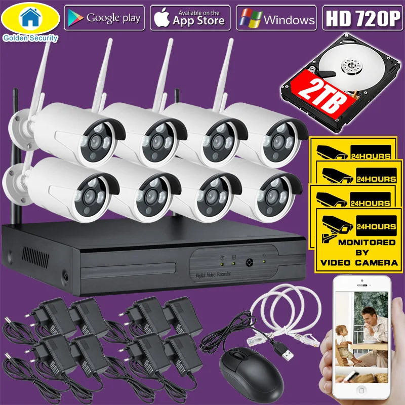 Золотая безопасность 8CH беспроводной 1080P NVR комплект 720P HD Водонепроницаемая камера безопасности WiFi система видеонаблюдения 500G 1 ТБ 2 ТБ